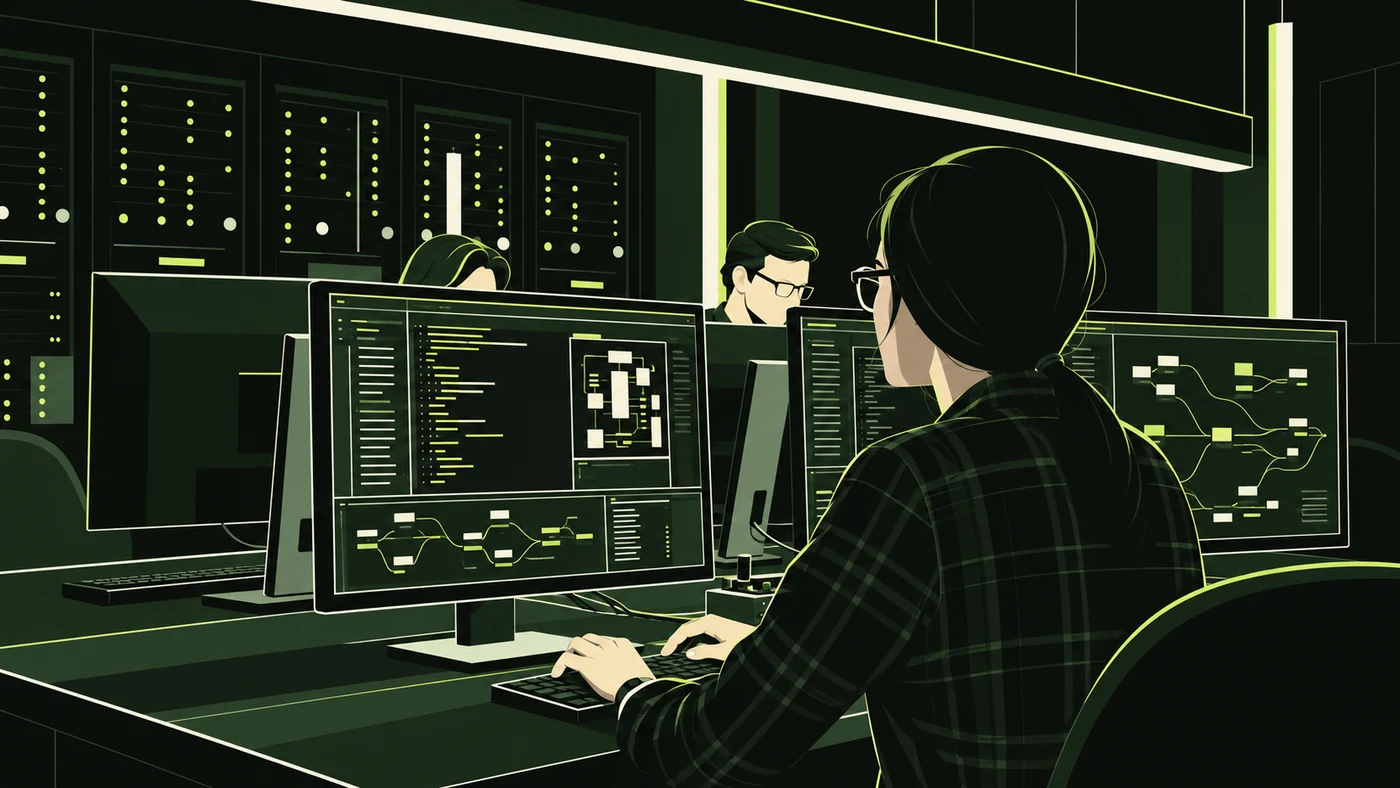 Illustration of three colleagues at computer workstations with server racks and workflow monitors