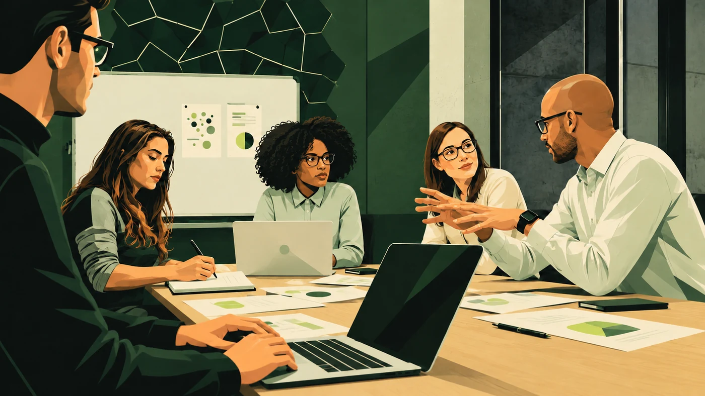 Illustration of five colleagues collaborating around a table with two laptops, papers and a whiteboard