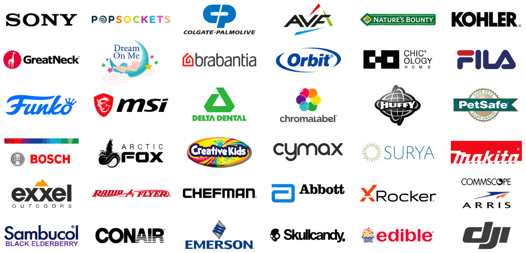 Existing brand experience: 36 logo groups, including Sony, PopSockets, Kohler, Funko, Bosch, Makita and Abbott